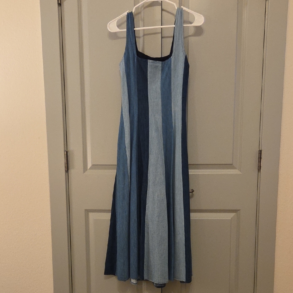 Farm Rio Denim Panel Square Neck Sleeveless Dress